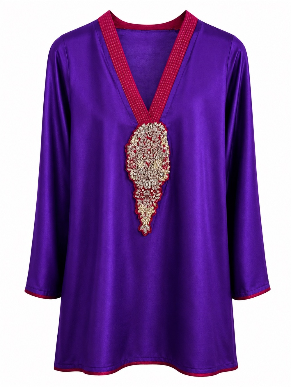 Purple Bohemian Jeweled Tunic Top – Red Trim, Ornate Embellishments, Size Large
